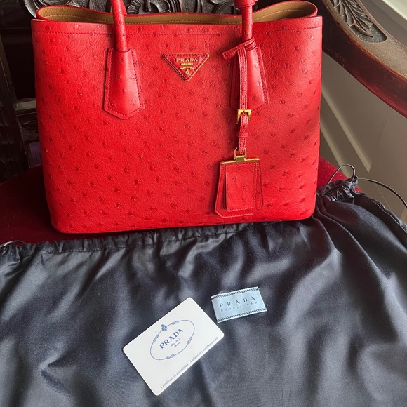 Prada Ostrich Medium Double Bag Rosso Tote - Picture 15 of 15